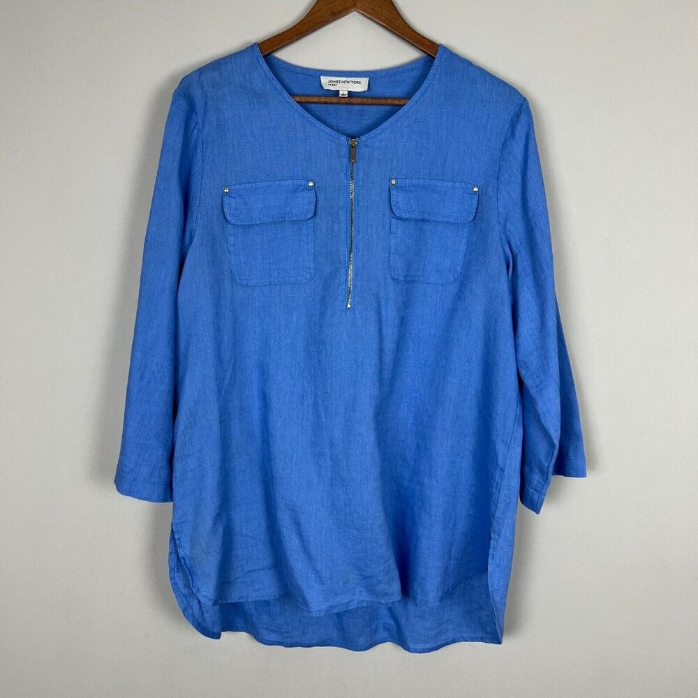 Jones New York Top Womens Large Blue 100% Linen 3/4 Tab Sleeve 1/4 Zip Resort L